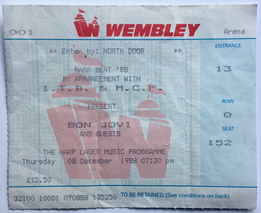 Bon Jovi Original Used Concert Ticket Wembley Arena London 8th Dec 1988