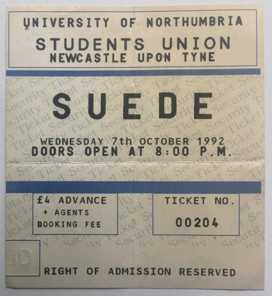 Suede Original Early Used Concert Ticket University of Northumbria Newcastle 7th Oct 1992