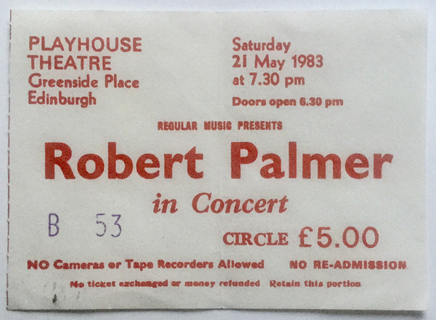 Robert Palmer Original Used Concert Ticket Playhouse Theatre Edinburgh 21st May 1983