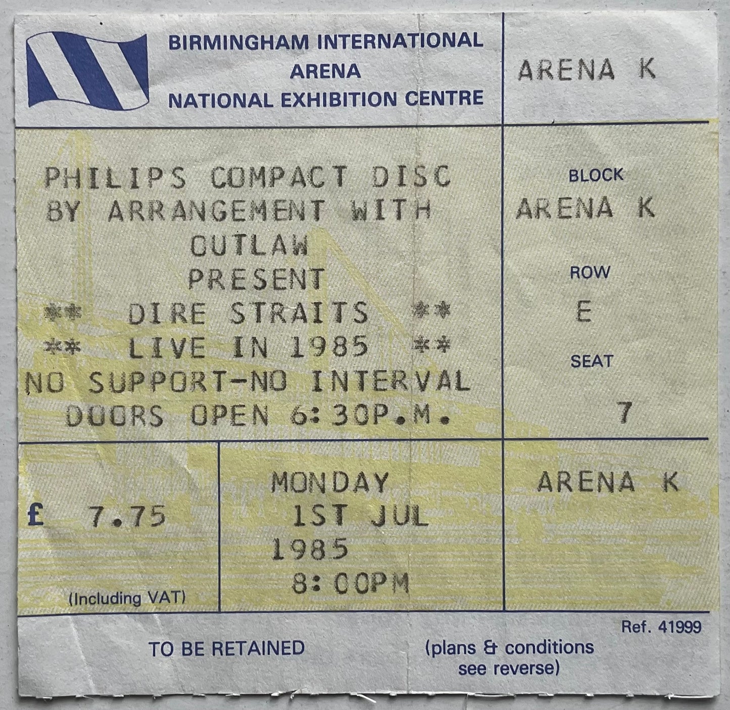 Dire Straits Original Used Concert Ticket NEC Birmingham 1st Jul 1985