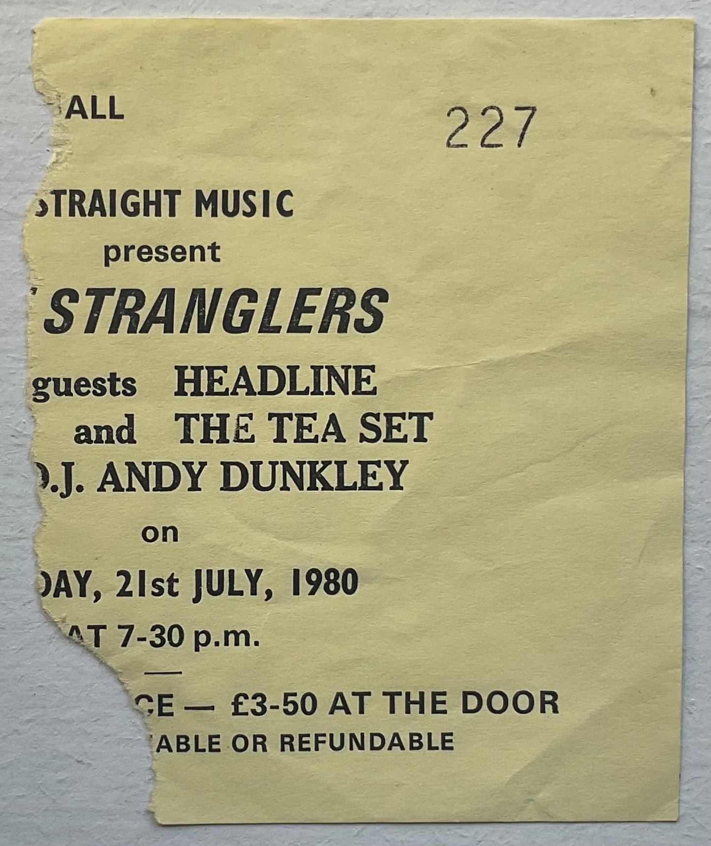 Stranglers Original Used Concert Ticket King Georges Hall Bradford 21st July 1980