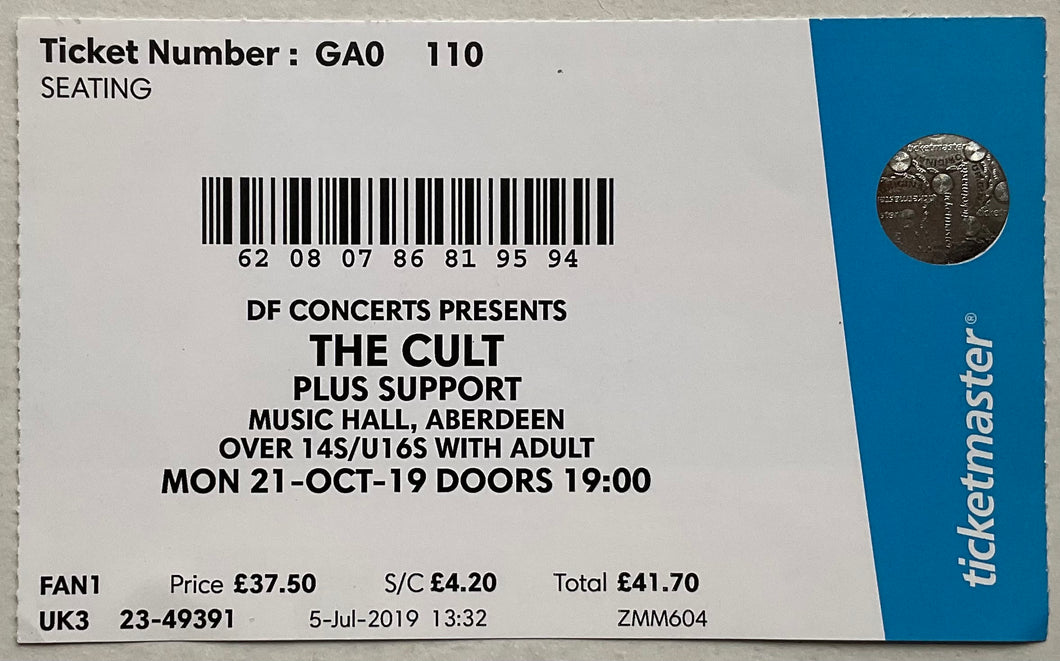 Cult Original Used Concert Ticket Music Hall Aberdeen 21st Oct 2019