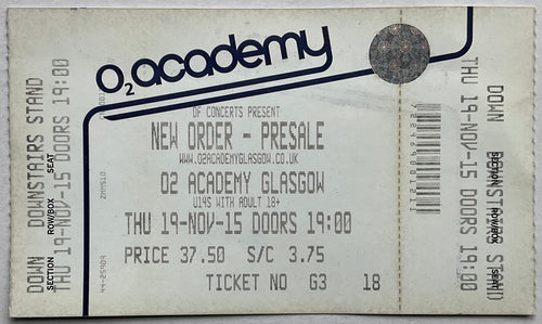 New Order Original Unused Concert Ticket O2 Academy Glasgow 19th Nov 2015