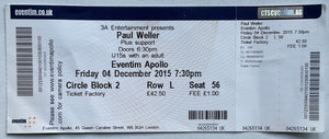 Paul Weller Original Complete Unused Concert Ticket Eventim Apollo London 4th Dec 2015