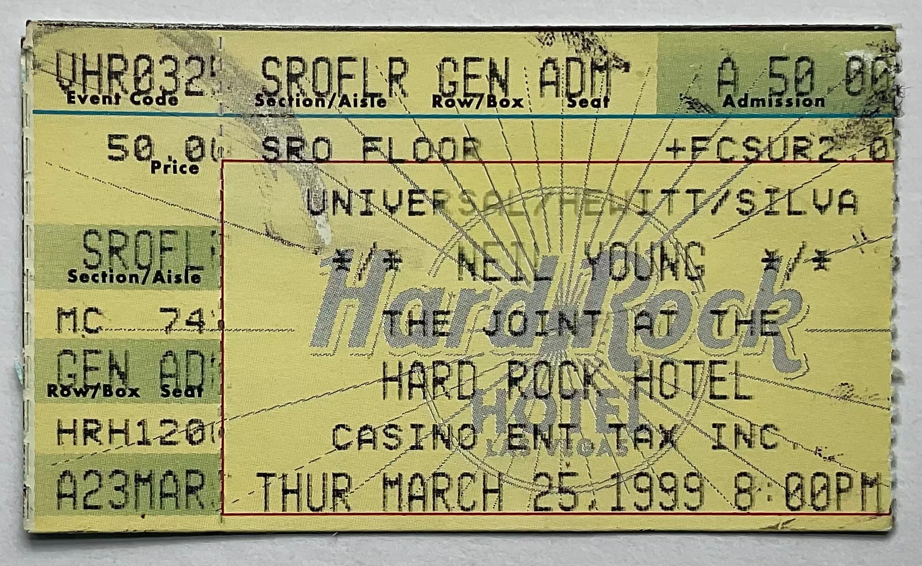 Neil Young Original Used Concert Ticket Hard Rock Hotel Las Vegas 25th Mar 1999