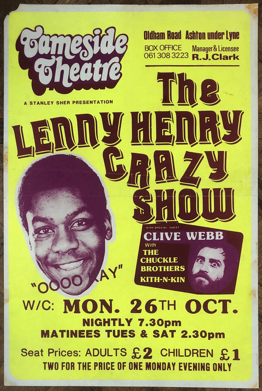 Lenny Henry Original Concert Tour Gig Poster Thameside Theatre Ashton Under Lyne 26th Oct 1976