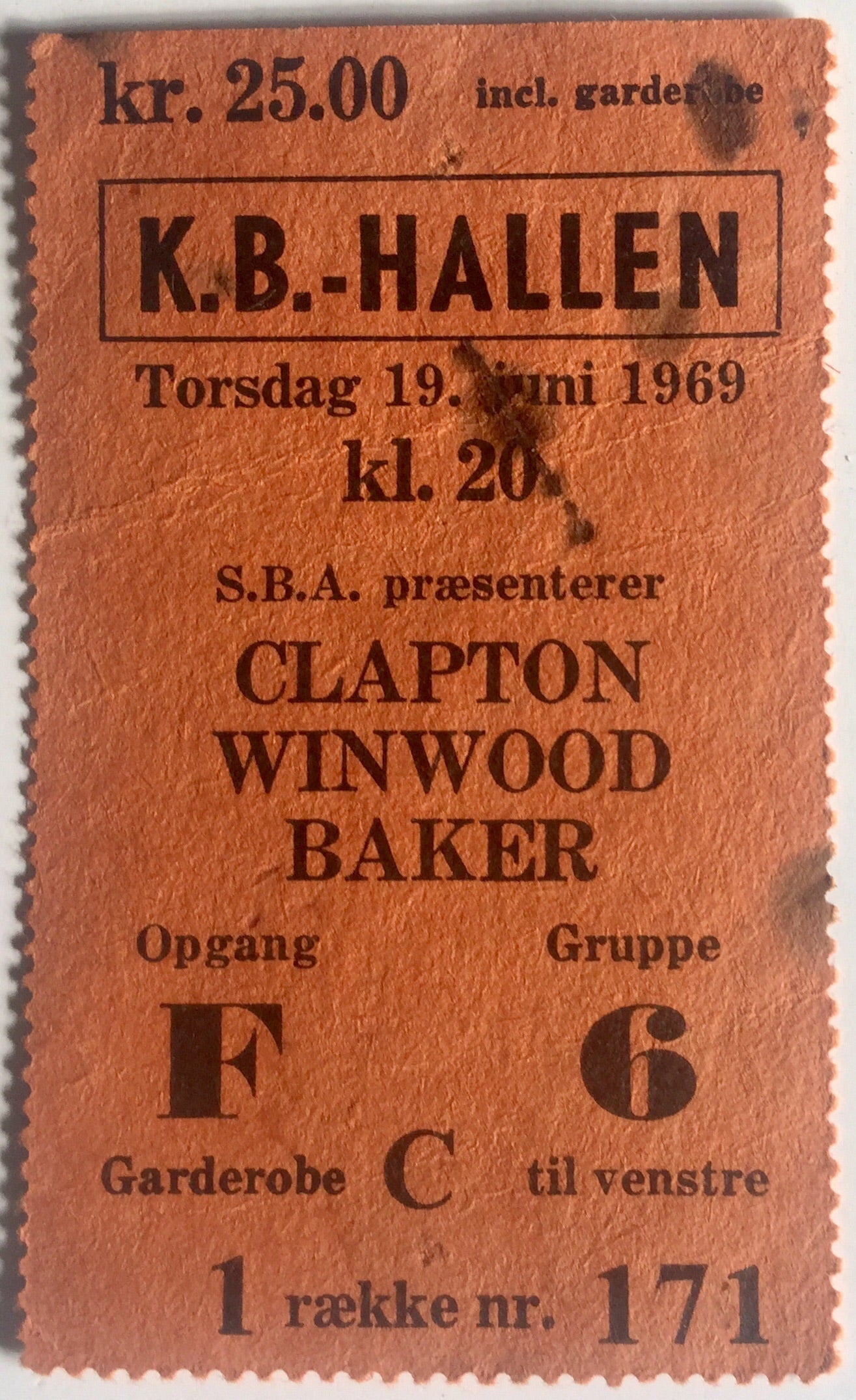 Blind Faith Eric Clapton Original Used Concert Ticket KB Hallen Copenhagen 19th Jun 1969