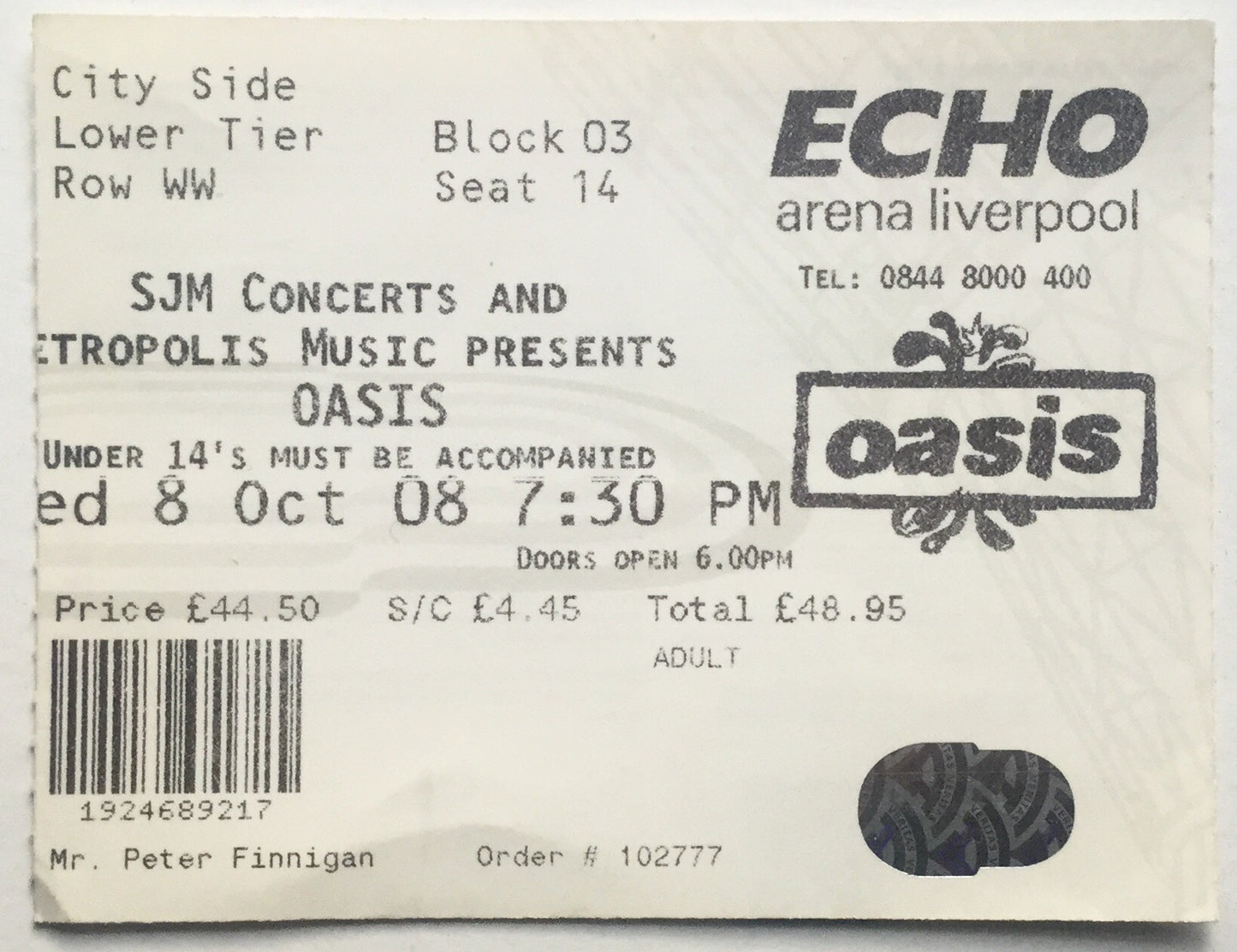 Oasis Original Used Concert Ticket Echo Arena Liverpool 8th Oct 2008