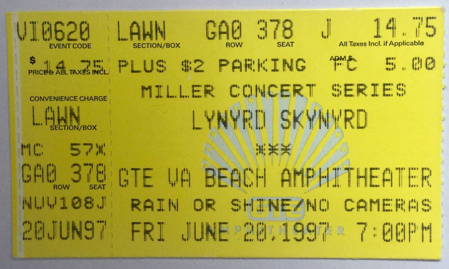 Lynyrd Skynyrd Original Used Concert Ticket Riverfest Beach Amphitheater Little Rock 20th June 1997