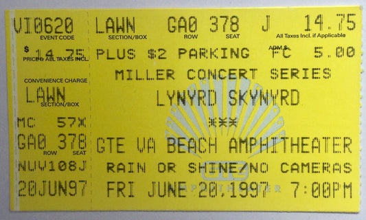 Lynyrd Skynyrd Original Used Concert Ticket Riverfest Beach Amphitheater Little Rock 20th June 1997