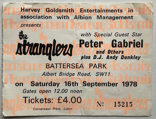 Stranglers Peter Gabriel Original Used Concert Ticket Battersea Park London 16th Sep 1978