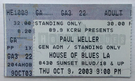 Paul Weller Original Used Concert Ticket House of Blues Los Angeles 9th Oct 2003