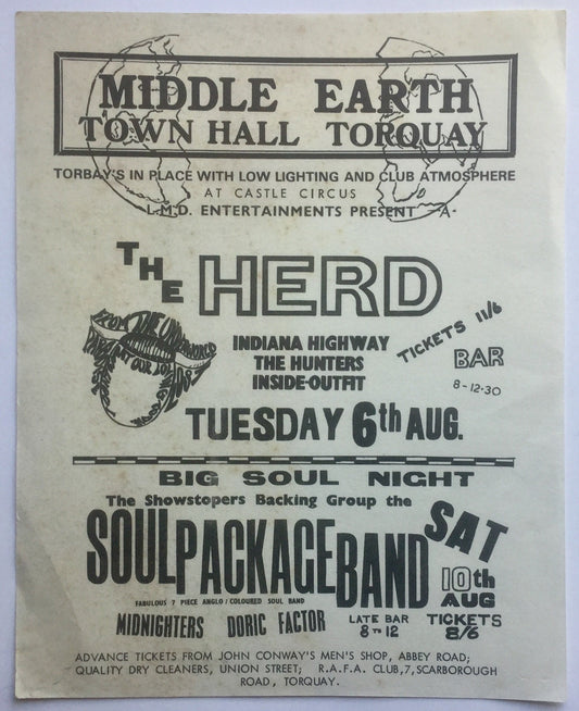 Herd Soul Package Band Original Concert Handbill Flyer Town Hall Torquay 6th Aug 1968