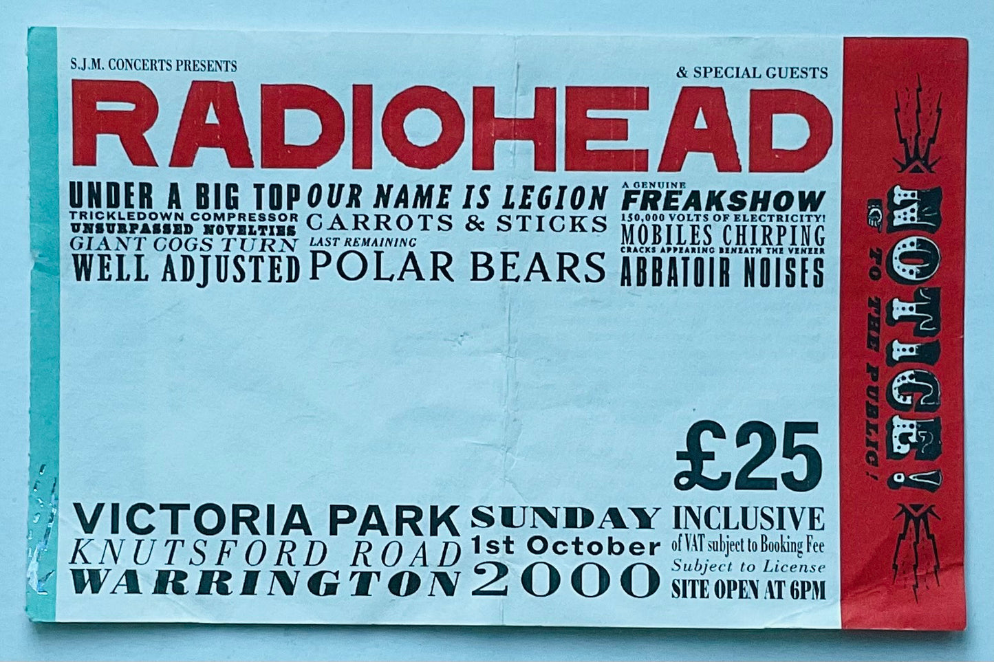 Radiohead Original Used Concert Ticket Victoria Park Warrington 1st Oct 2000