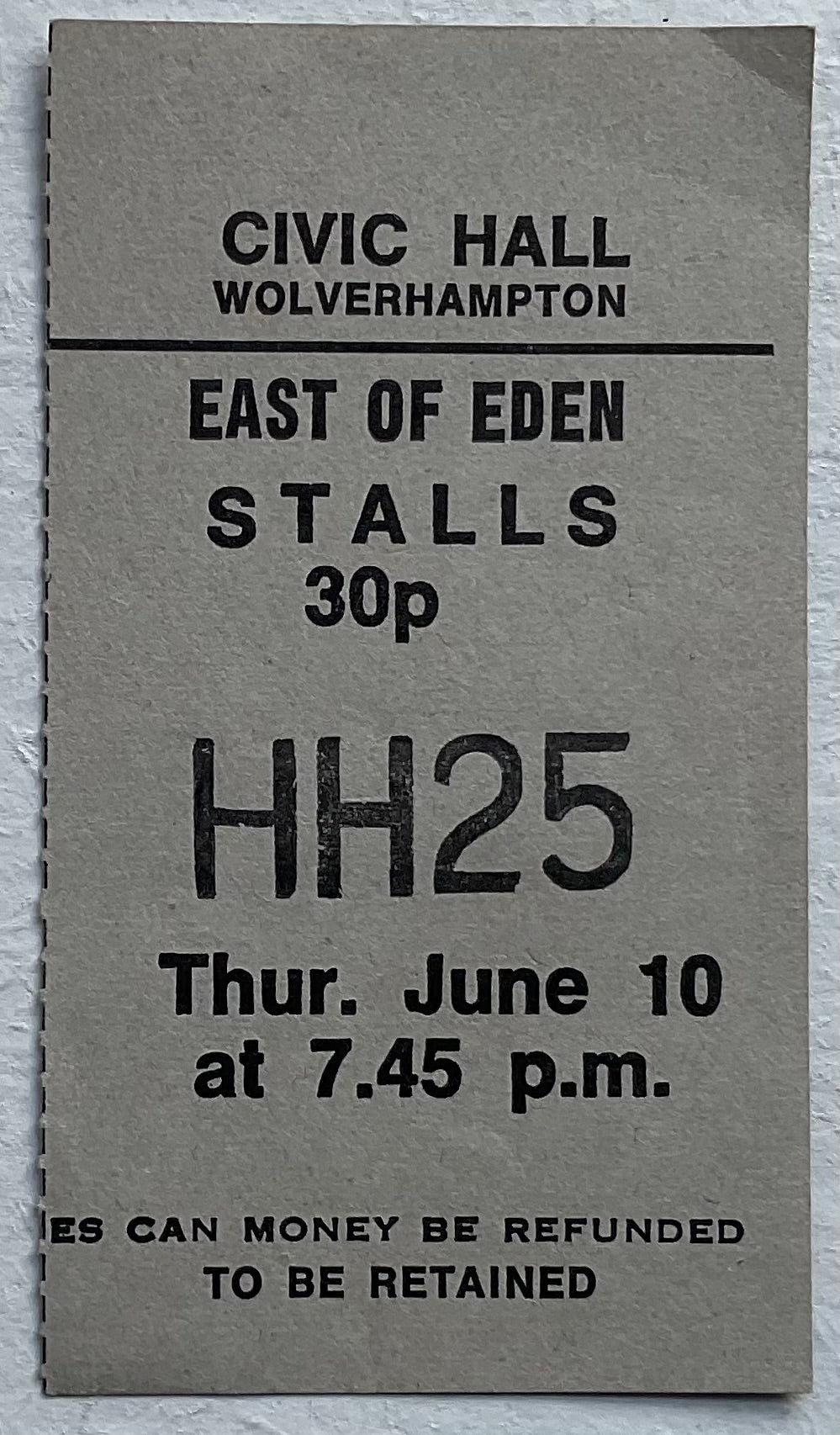 East of Eden Original Concert Ticket Civic Hall Wolverhampton 10th Jun 1971