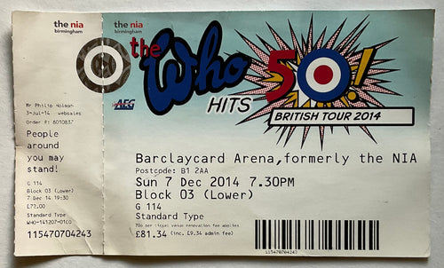 Who Original Unused Concert Ticket Barclaycard Arena Birmingham 7th Dec 2014