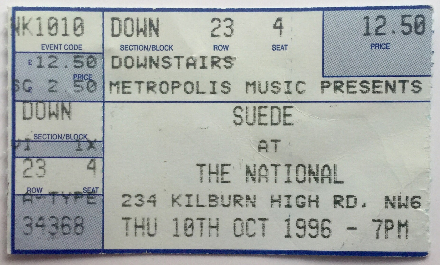 Suede Original Used Concert Ticket The National Kilburn 10th Oct 1996