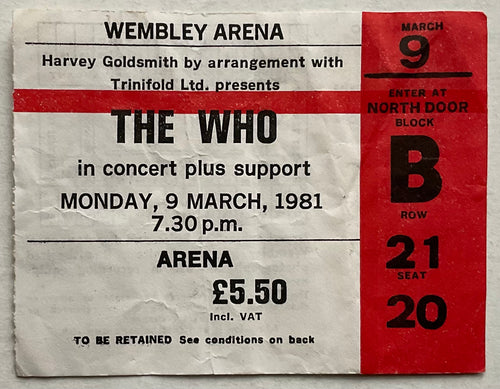 Who Original Used Concert Ticket Wembley Arena London 9th Mar 1981