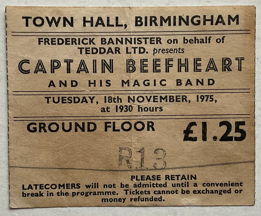 Captain Beefheart Original Used Concert Ticket Town Hall Birmingham 1975