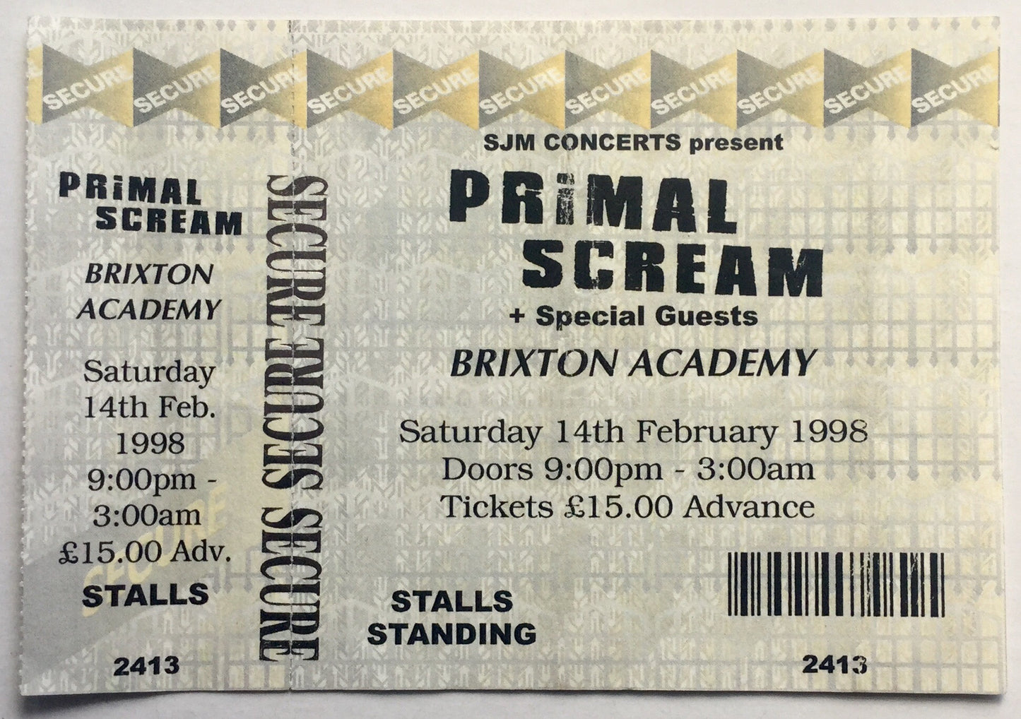 Primal Scream Original Unused Concert Ticket Brixton Academy London 14th Feb 1998