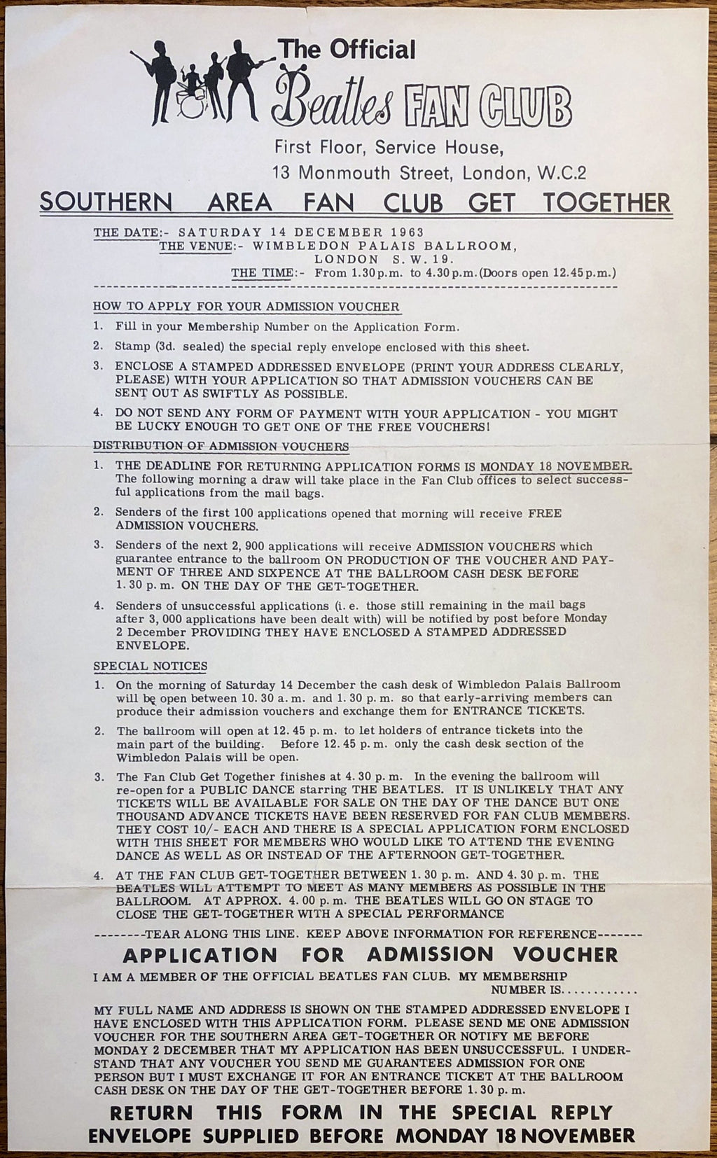 Beatles Original Concert Handbill Flyer Wimbledon Palace London 14th Dec 1963