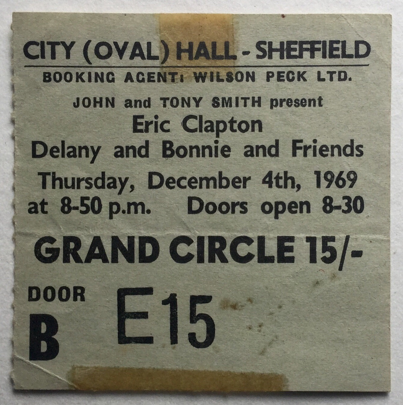 Eric Clapton George Harrison Delaney & Bonnie Original Used Concert Ticket City Hall Sheffield 4th Dec 1969