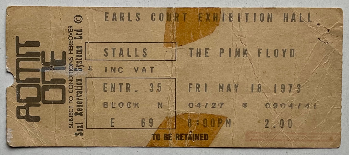 Pink Floyd Original Used Concert Ticket Earls Court London 18th May 1973