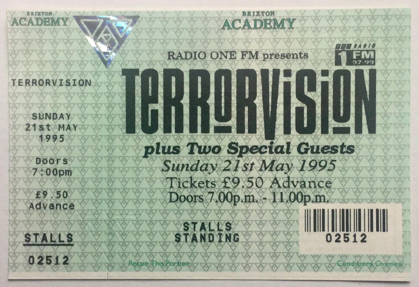 Terrorvision Original Unused Concert Ticket Brixton Academy London21st May 1995