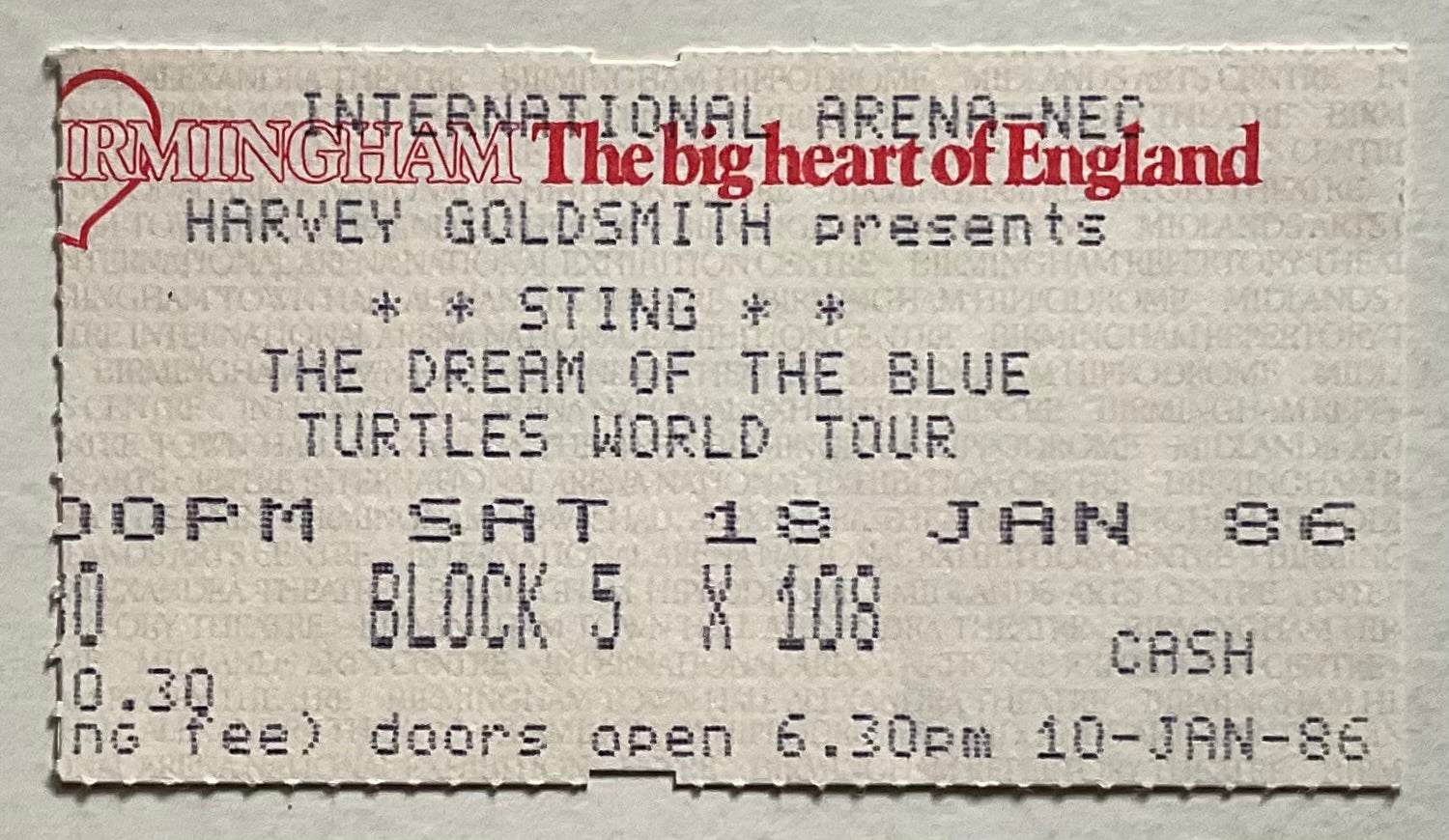 Sting Original Used Concert Ticket NEC Arena Birmingham 18th Jan 1986