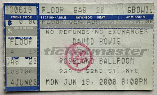David Bowie Original Used Concert Ticket Roseland Ballroom New York 19th June 2000