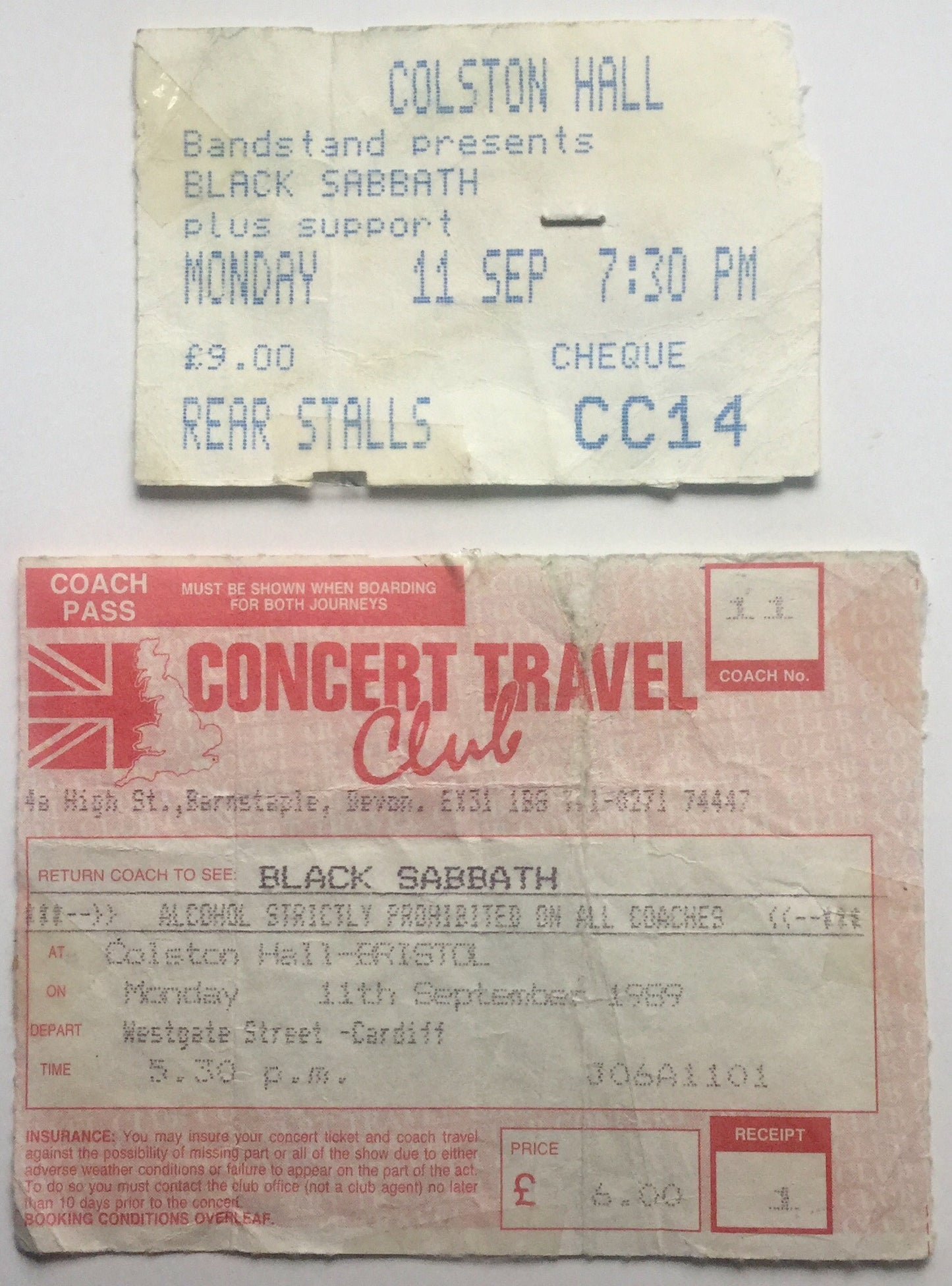 Black Sabbath Original Used Concert and Coach Ticket Colston Hall Bristol 11th Sept 1989