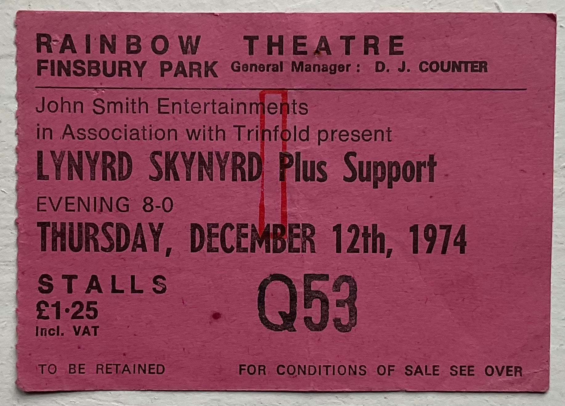 Lynyrd Skynyrd Original Used Concert Ticket Rainbow Theatre London 12th Dec 1974