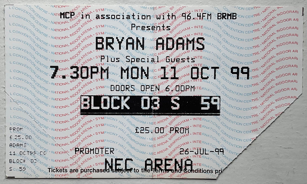 Bryan Adams Original Used Concert Ticket NEC Arena Birmingham 11th Oct 1999