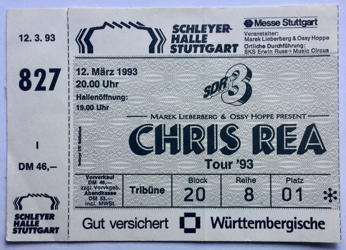 Chris Rea Original Unused Concert Ticket Schleyer Halle Stuttgart 12th Mar 1993