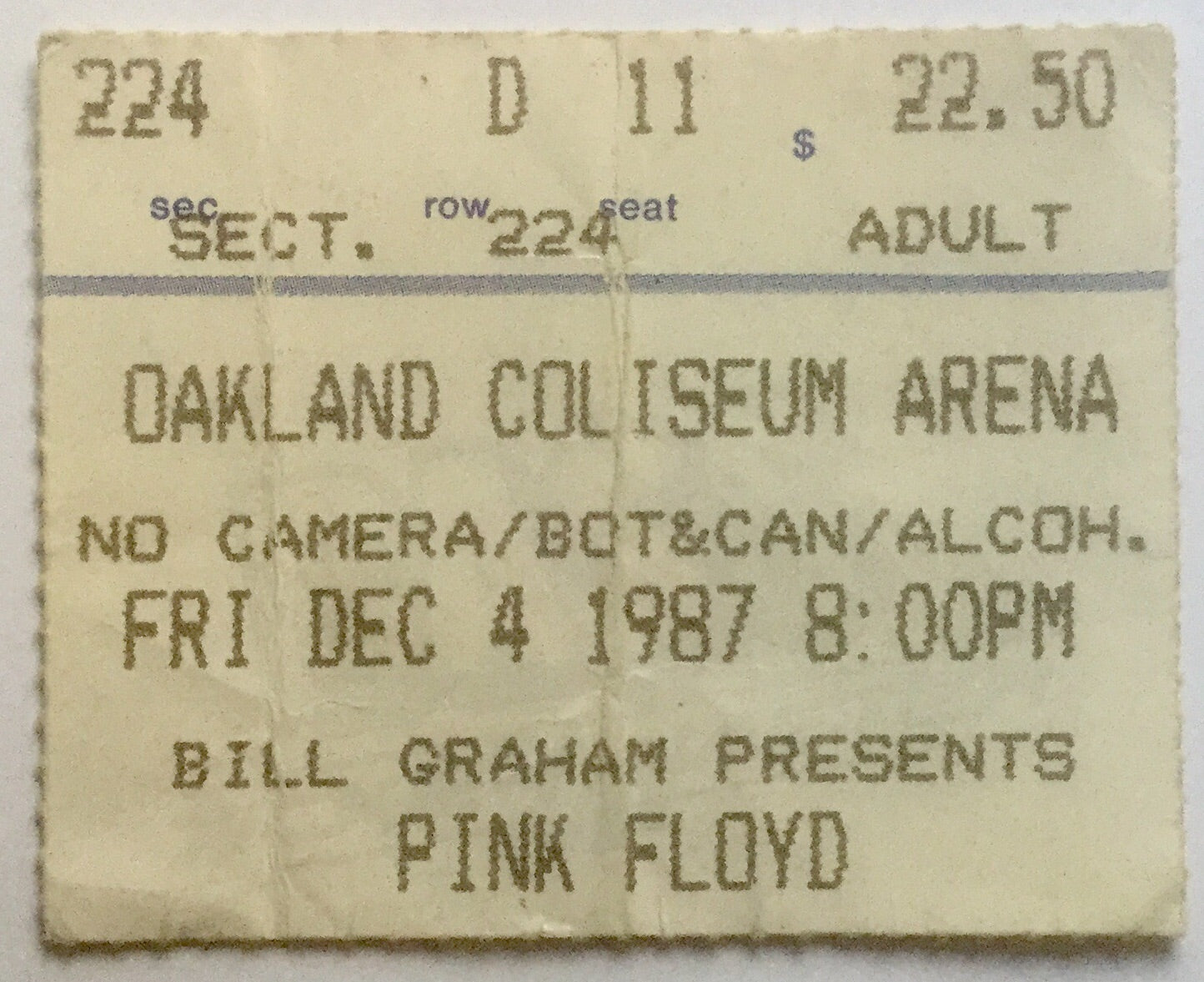 Pink Floyd Used Concert Ticket Oakland Coliseum Arena 4th Dec 1987