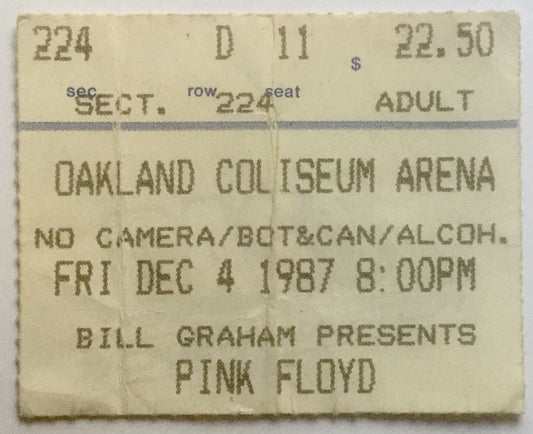 Pink Floyd Used Concert Ticket Oakland Coliseum Arena 4th Dec 1987