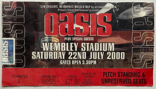Oasis Original Used Concet Ticket Wembley Stadium London 22nd July 2000