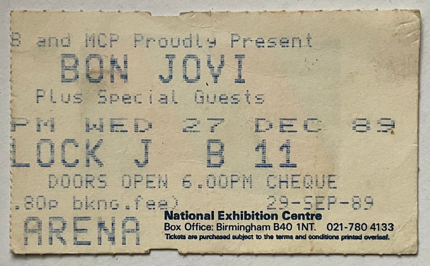 Bon Jovi Original Used Concert Ticket Wembley Arena London 27th Dec 1989