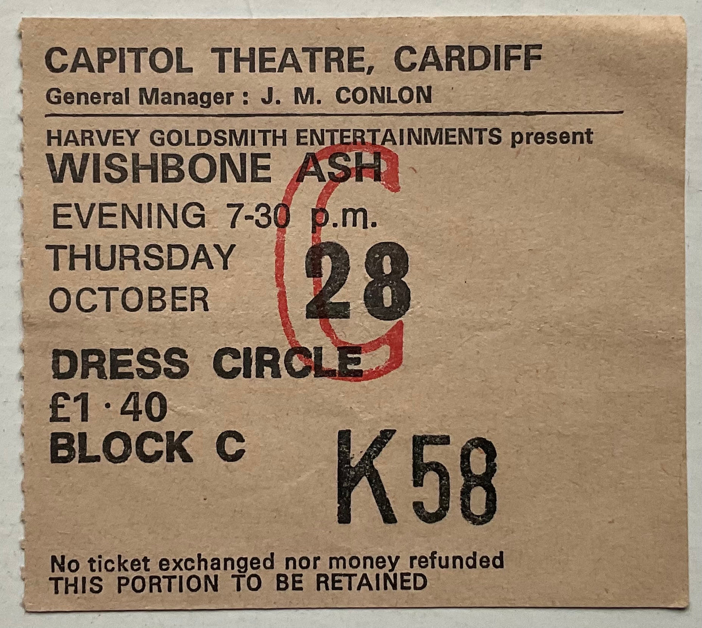 Wishbone Ash Original Concert Ticket Capitol Theatre Cardiff 28th Oct 1976