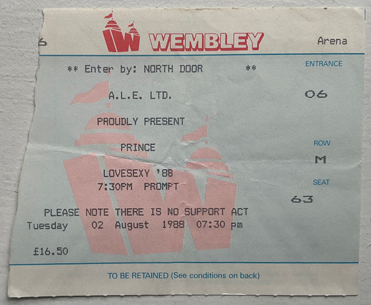 Prince Original Used Concert Ticket Wembley Arena London 2nd Aug 1988
