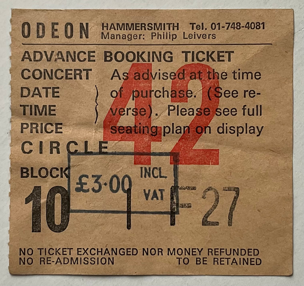 Kinks Original Used Concert Ticket Hammersmith Odeon London 1st Oct 1978