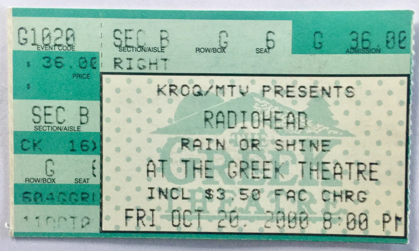 Radiohead Original Used Concert Ticket Greek Theatre Los Angeles 20th Oct 2000