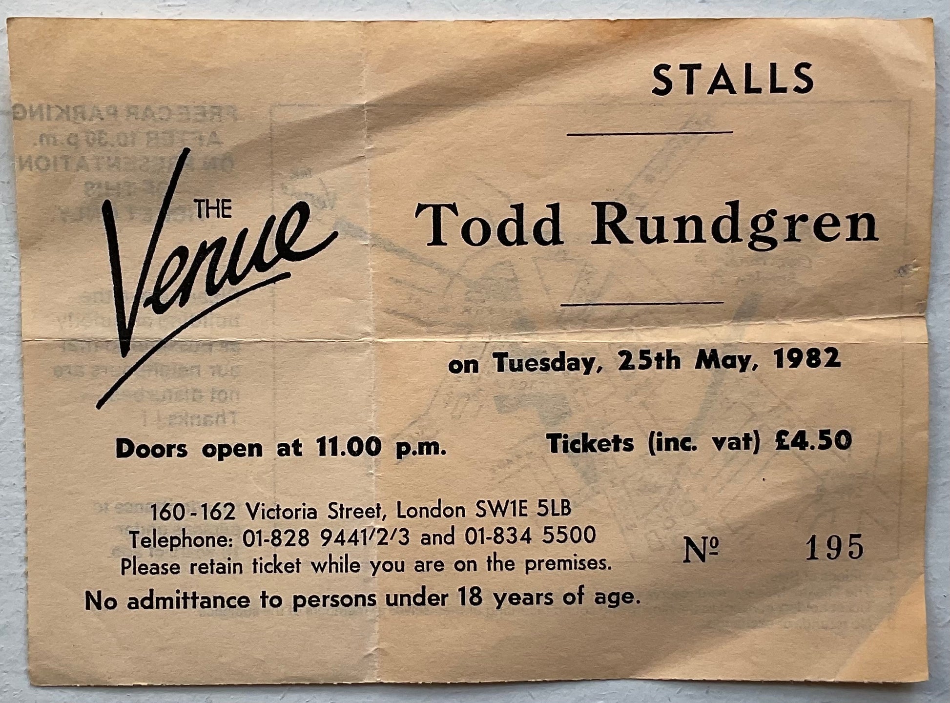 Todd Rundgren Original Used Concert Ticket The Venue London 25th May 1982
