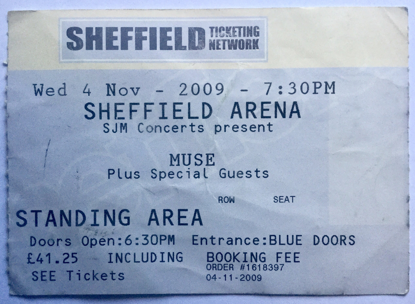 Muse Original Used Concert Ticket Sheffield Arena 4th Nov 2009