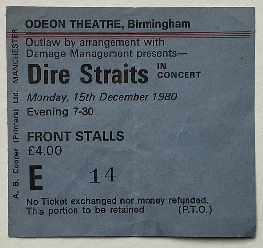 Dire Straits Original Used Concert Ticket Odeon Theatre Birmingham 15th Dec 1980