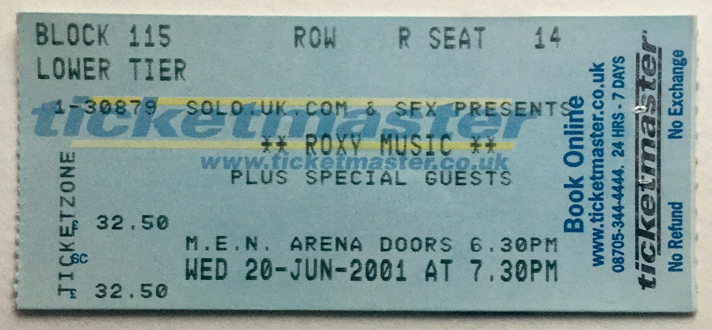 Roxy Music Original Used Concert Ticket MEN Arena Manchester 20th Jun 2001