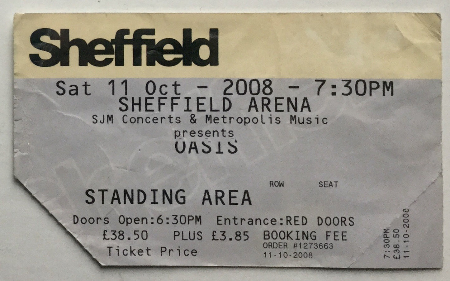 Oasis Original Used Concert Ticket Sheffield Arena 11th Oct 2008