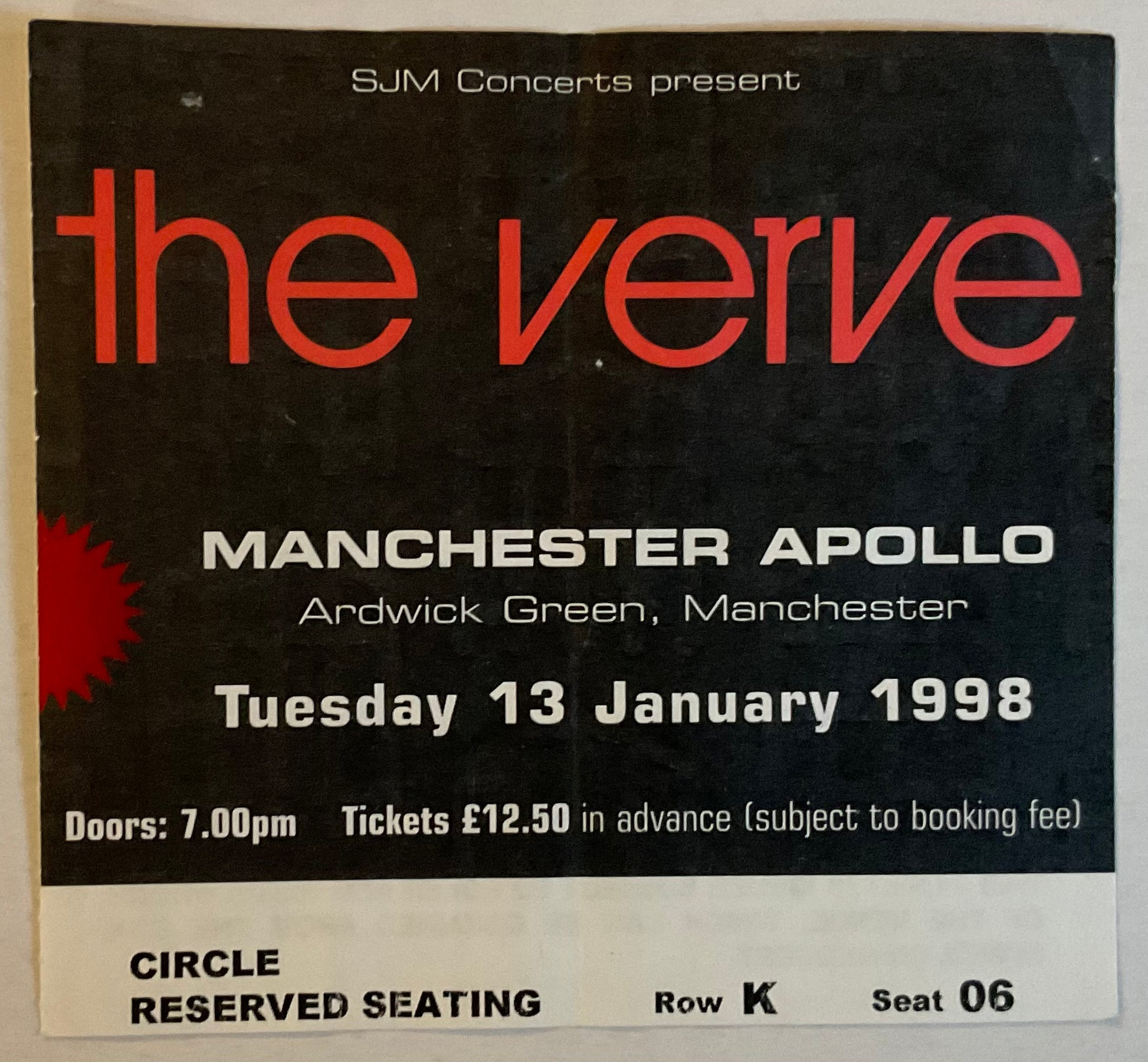 Verve Original Used Concert Ticket Manchester Apollo 13th Jan 1998