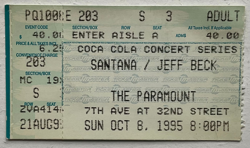 Santana Jeff Beck Original Used Concert Ticket Paramount New York 8th Oct 1995
