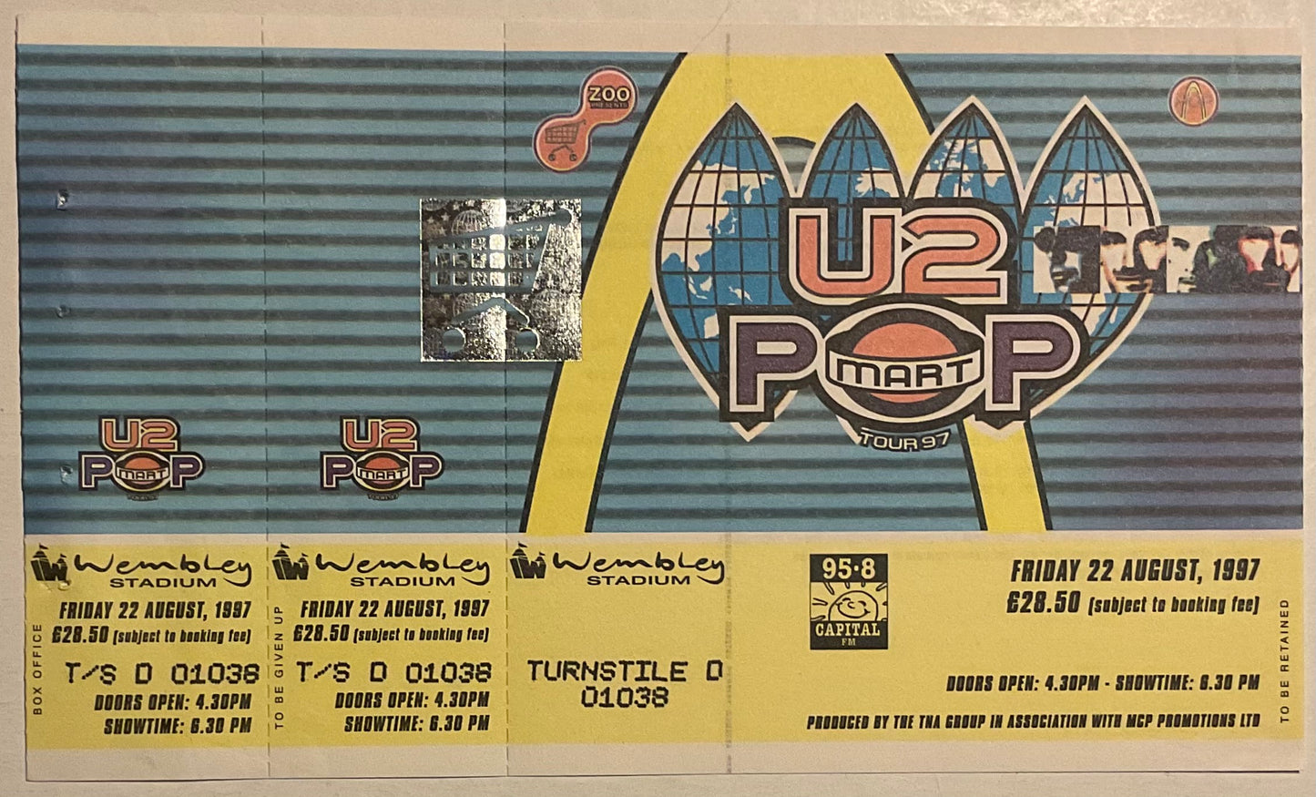 U2 Original Unused Concert Ticket Wembley Stadium London 22nd Aug 1997